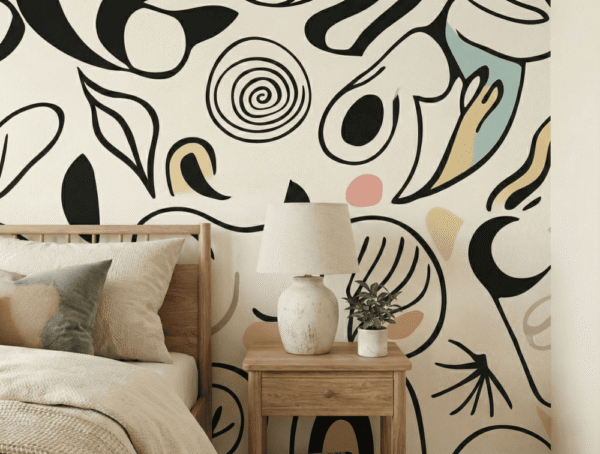 A zoomed-in of abstract line art wall mural with whimsical curves and soft color accents creating a calm, contemporary bedroom backdrop.