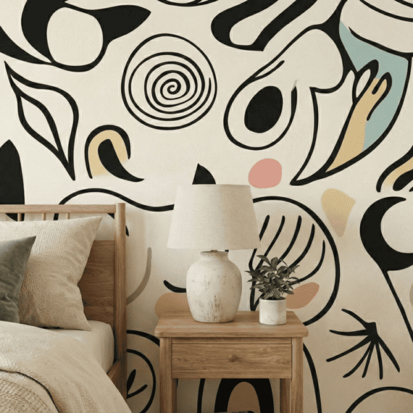 A zoomed-in of abstract line art wall mural with whimsical curves and soft color accents creating a calm, contemporary bedroom backdrop.