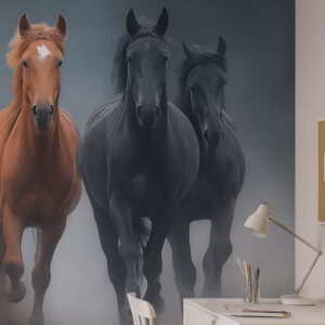 Born Wild mural showing powerful horses in black, chestnut, and white running forward through soft mist, dramatic and lifelike wall mural artwork.