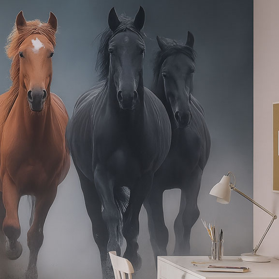 Born Wild mural showing powerful horses in black, chestnut, and white running forward through soft mist, dramatic and lifelike wall mural artwork.
