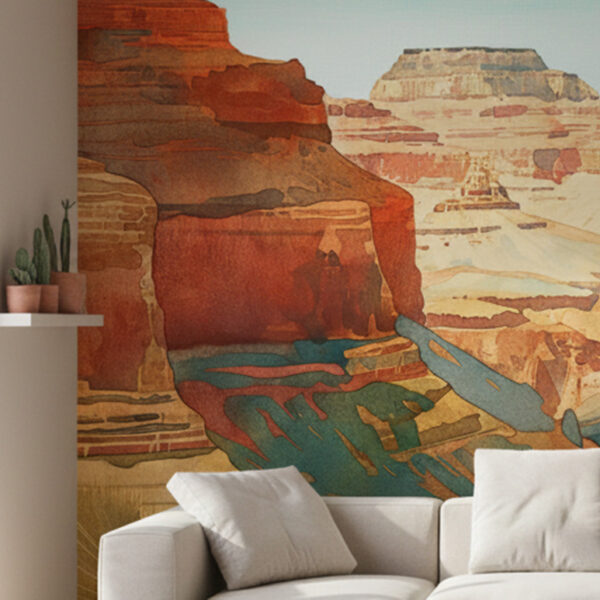Canyon Vista wall mural detail featuring bold canyon rock layers and winding valley shapes in terracotta, rust, and soft blue tones.
