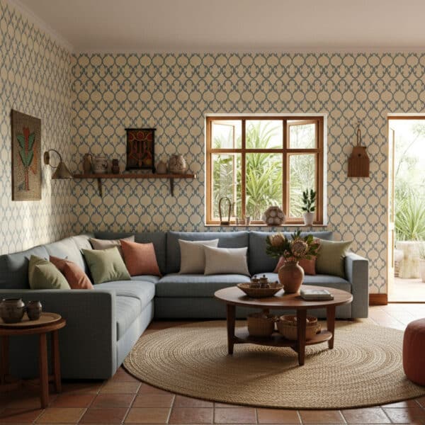 Close-up of Chambray Ogee Trellis, a transitional geometric design printed in Canada