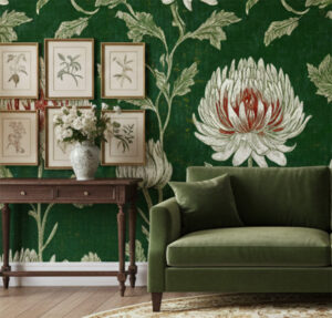 Emerald Petal wall mural detail featuring hand-drawn botanical blooms and flowing foliage in soft neutral tones on emerald green.