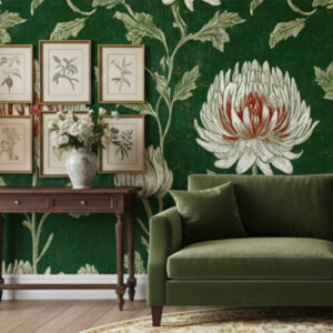 Emerald Petal wall mural detail featuring hand-drawn botanical blooms and flowing foliage in soft neutral tones on emerald green.