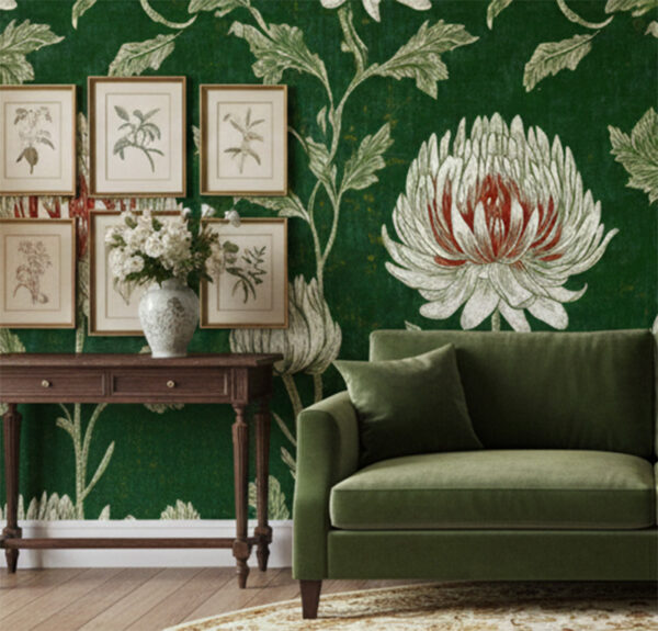 Emerald Petal wall mural detail featuring hand-drawn botanical blooms and flowing foliage in soft neutral tones on emerald green.