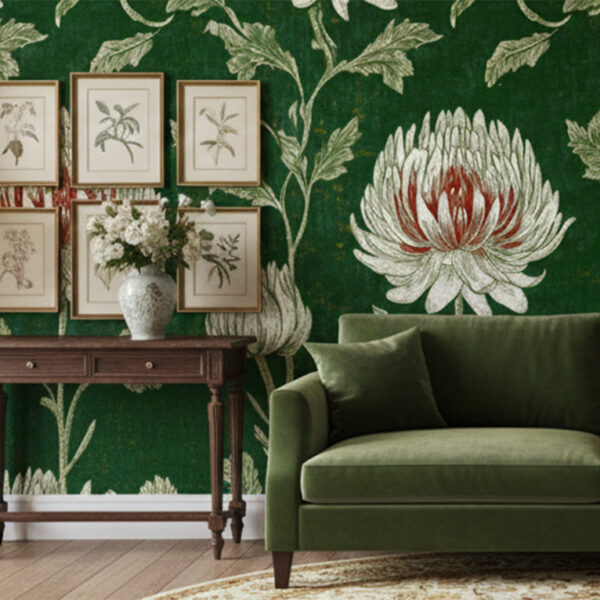 Emerald Petal wall mural detail featuring hand-drawn botanical blooms and flowing foliage in soft neutral tones on emerald green.