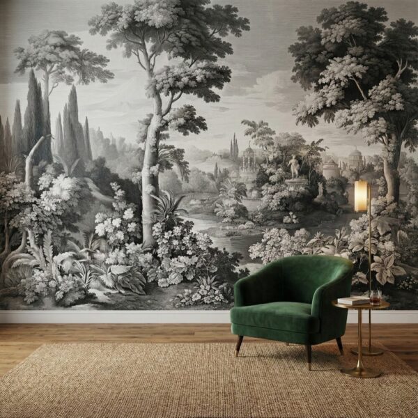 Sophisticated toile-style garden mural wallpaper designed for living rooms, featuring an expansive illustrated estate landscape in grayscale.