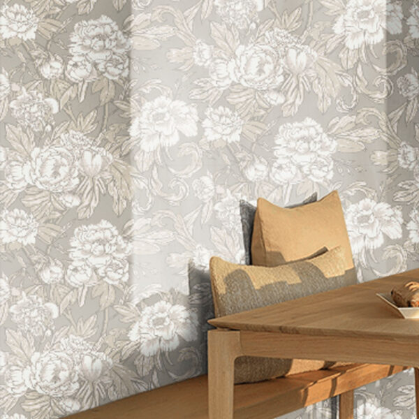A zoomed-in elegant peony floral wallpaper with oversized blossoms and organic leaves in a timeless botanical design.