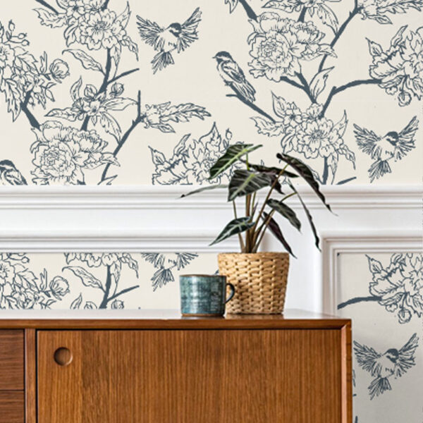 Chickadee & Bloom wallpaper close-up showing detailed blossoms and chickadees on branches