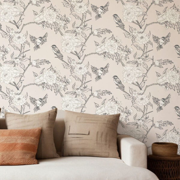 Warm Sand Chickadee & Bloom wallpaper close-up highlighting birds and floral