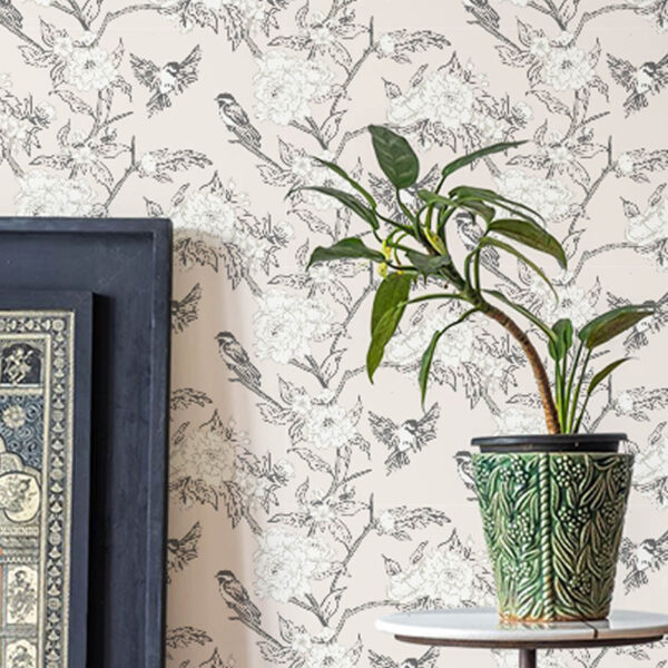 A zoomed-in of Soft Stone Chickadee & Bloom wallpaper zoom texture view showing fine botanical linework on a pale stone background