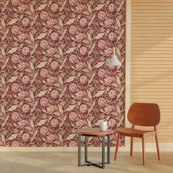 Red Prairie Carnations floral wallpaper with deep red carnation flowers, winding vines, and symmetrical botanical detailing in a classic prairie-inspired design.