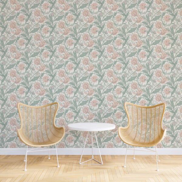 Prairie Carnation wallpaper styled with woven lounge chairs and a round white table
