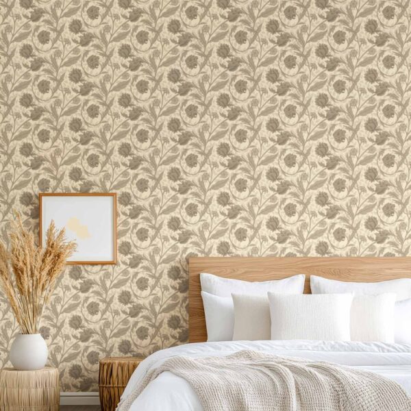 Prairie Carnation wallpaper styled with woven lounge chairs and a round white table