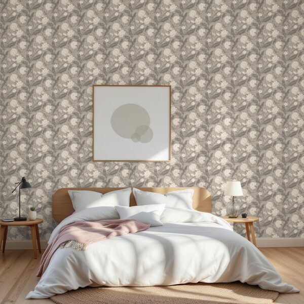 Prairie Carnation wallpaper in a serene bedroom with natural light and white bedding