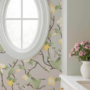 A zoomed-in hummingbirds and yellow florals on chinoiserie wallpaper