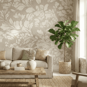 zoomed-in of elegant beige botanical wallpaper with flowing ivory leaves behind a neutral sofa, styled with linen cushions, wood coffee table, and indoor plant.