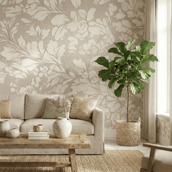 zoomed-in of elegant beige botanical wallpaper with flowing ivory leaves behind a neutral sofa, styled with linen cushions, wood coffee table, and indoor plant.