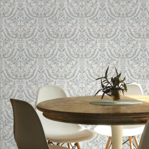 Vintage-style garden wallpaper with ornate floral detailing and birds arranged in a refined symmetrical pattern.