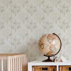 A zoomed-in heirloom Songbirds Wallpaper in a cozy child’s room with wicker storage and globe