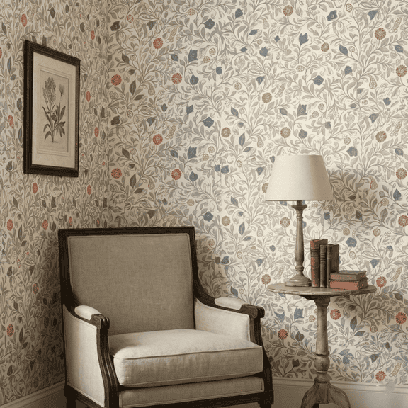 Classic ivory floral wallpaper in a reading nook with upholstered armchair, side table, and timeless botanical pattern