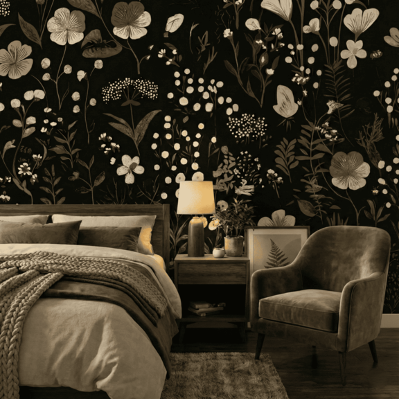 A zoomed-in of Midnight Meadow mural featuring delicate wildflowers and botanical stems in soft beige tones on a deep black background in a bedroom