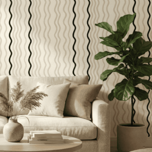 A zoomed-in Modern neutral living room featuring wavy striped wallpaper in beige and black, styled with a cream sofa, textured cushions, and a potted fiddle leaf fig.