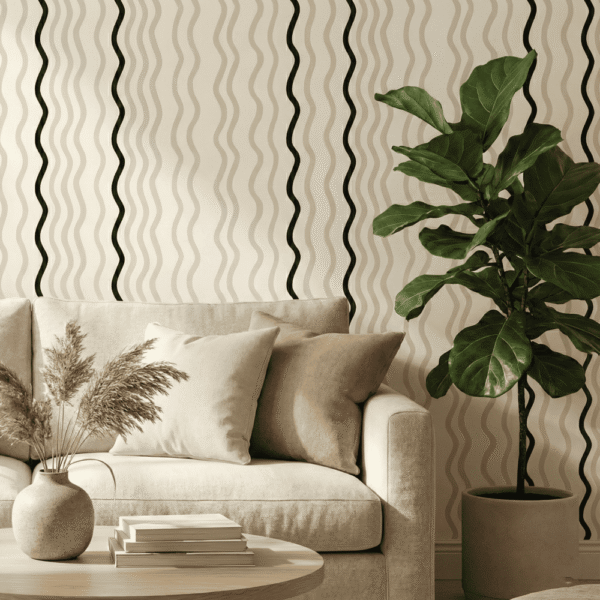 A zoomed-in Modern neutral living room featuring wavy striped wallpaper in beige and black, styled with a cream sofa, textured cushions, and a potted fiddle leaf fig.