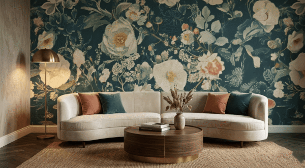 Teal floral wall mural with heirloom-style cream blossoms and soft botanical detailing in an elegant living room