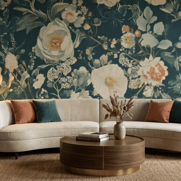Teal floral wall mural with heirloom-style cream blossoms and soft botanical detailing in an elegant living room