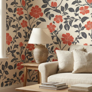 A zoomed-in of terracotta and cream floral wallpaper featuring hand-drawn vines, leaves, and vintage-inspired blossoms