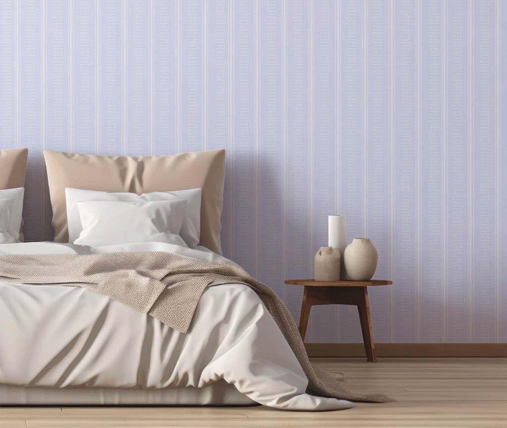 Soft, cooler palettes work beautifully in Canadian bedrooms, where you want calming energy.  Find this Mural Wallpaper: Toile et Plume Stripes Wallpaper