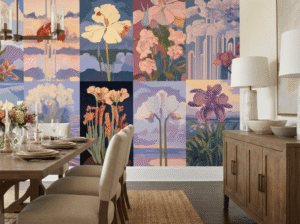 A zoomed-in of a dining room view with a vintage botanical gallery mural spanning the wall, showcasing painterly floral artwork in a grid layout behind a long dining table.