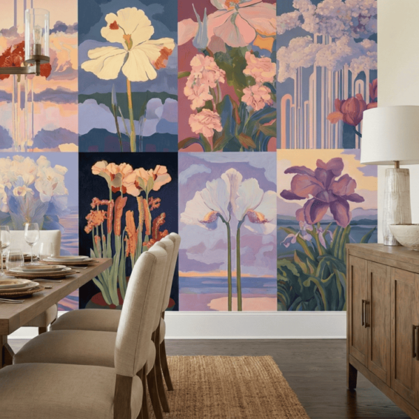 A zoomed-in of a dining room view with a vintage botanical gallery mural spanning the wall, showcasing painterly floral artwork in a grid layout behind a long dining table.