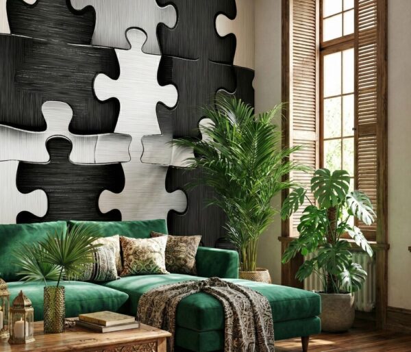 A zoomed-in of a modern living room styled with large-scale black and white jigsaw mural, green velvet sofa, and warm natural decor.