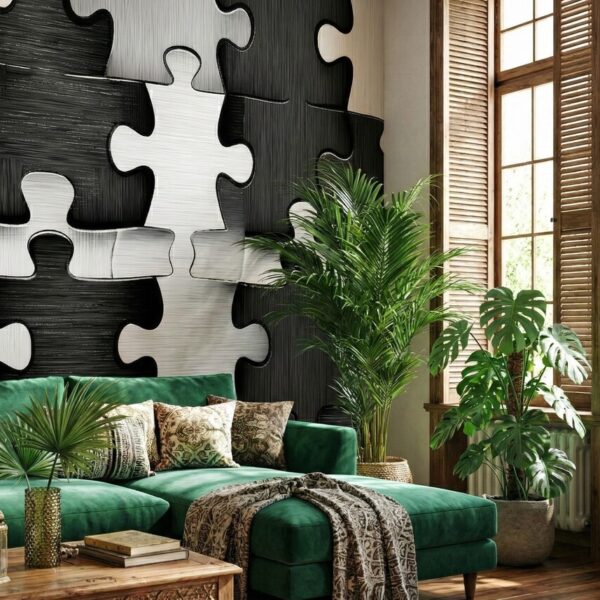 A zoomed-in of a modern living room styled with large-scale black and white jigsaw mural, green velvet sofa, and warm natural decor.