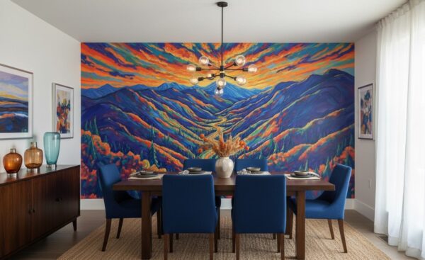 Alpine Prism mural covering a dining room feature wall with vibrant mountains and sunset sky, paired with a wood table and blue upholstered chairs.