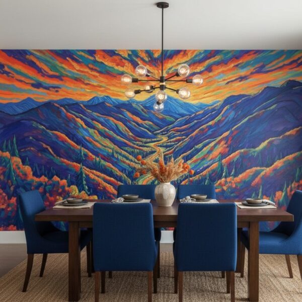 Alpine Prism mural covering a dining room feature wall with vibrant mountains and sunset sky, paired with a wood table and blue upholstered chairs.