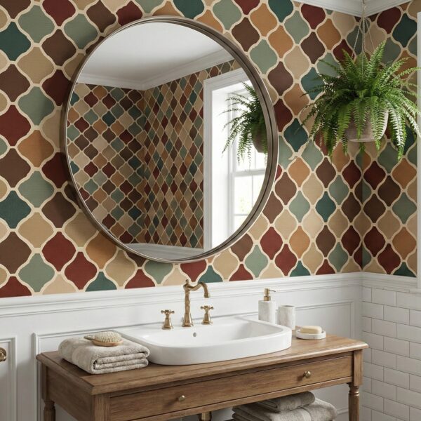 Bathroom styled with artisan lattice wallpaper in earthy colors, featuring a wood vanity, round mirror, and brass fixtures.
