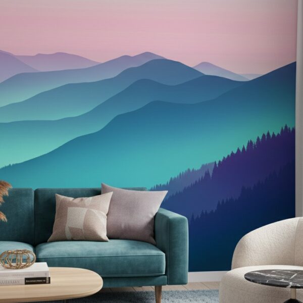 A zoom in of a layered mountain mural in teal and blue hues behind a sofa with neutral cushions and natural decor.