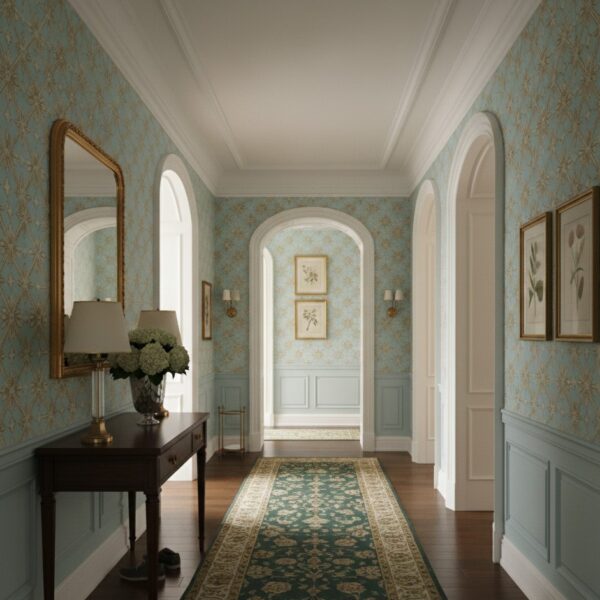 Azure Gilded Trellis - Canadian-made peel and stick wallpaper for bedroom and bathroom walls