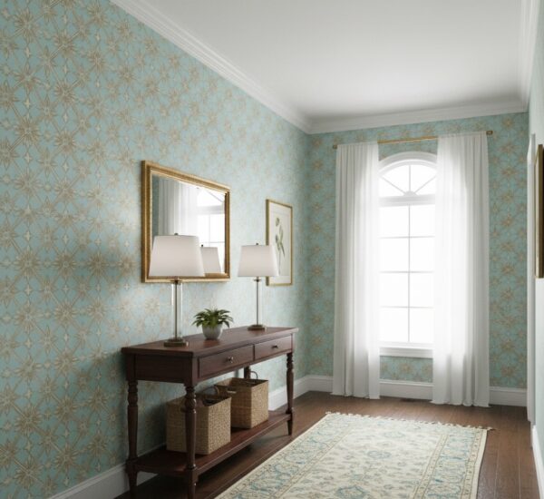 Elegant entryway styled with blue and gold trellis wallpaper, console table, framed artwork, and sheer white curtains.