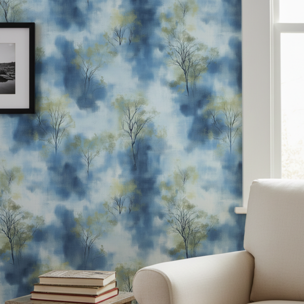 A zoomed in of Azure Mist wallpaper displayed in a living room with a white armchair, framed artwork, and painterly blue forest pattern.