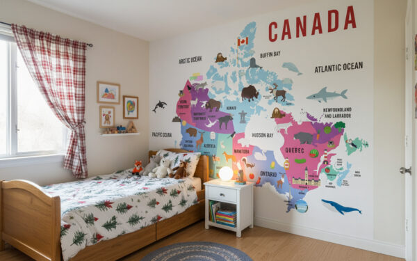 Illustrated Canada map wallpaper in a child’s bedroom featuring animals, provinces, and oceans, styled with a wooden bed and cozy décor.