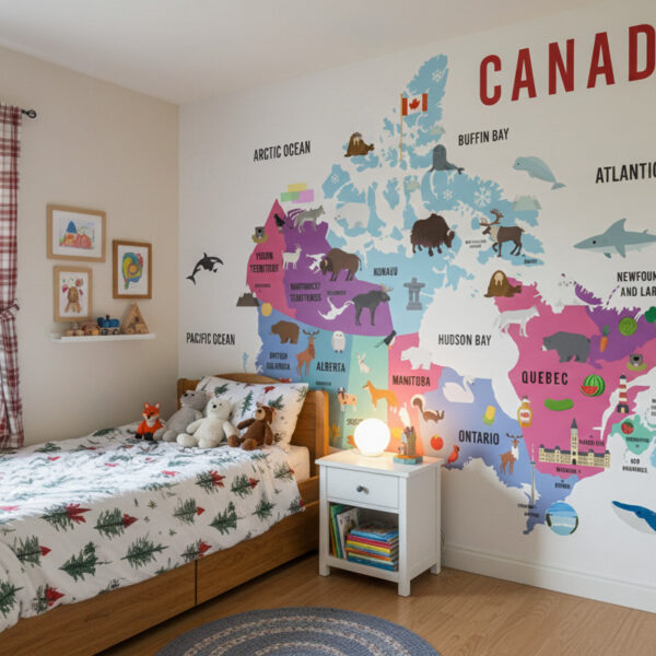 Illustrated Canada map wallpaper in a child’s bedroom featuring animals, provinces, and oceans, styled with a wooden bed and cozy décor.
