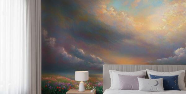 A zoom in of a celestial Meadow mural behind a bed, highlighting textured clouds, warm sunset tones, and delicate floral details.