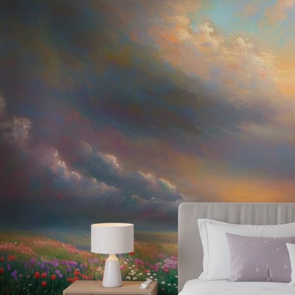 A zoom in of a celestial Meadow mural behind a bed, highlighting textured clouds, warm sunset tones, and delicate floral details.