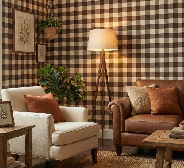 A zoomed-in of chocolate gingham wallpaper in a living room with leather sofa, accent chairs, wooden furniture, and warm neutral decor.