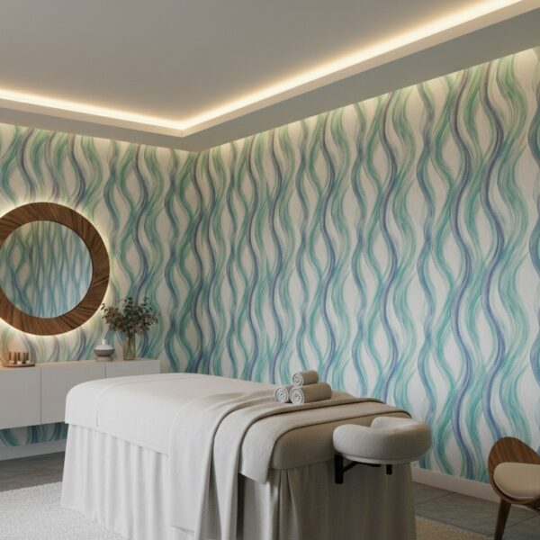 A zoomed in of serene spa interior showcasing teal wave wallpaper with linen texture, massage bed, and soft ambient lighting.