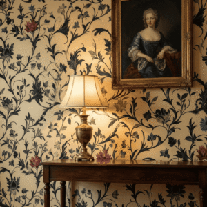 Classic interior wall styled with ebony vine floral wallpaper, brass table lamp, antique console, and framed portrait.